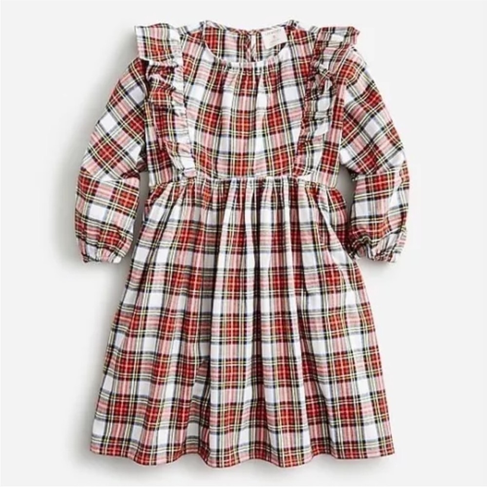 J.Crew Girls' Snowy Stewart Tartan  Long-Sleeve Ruffle-Shoulder Dress 7 Holiday